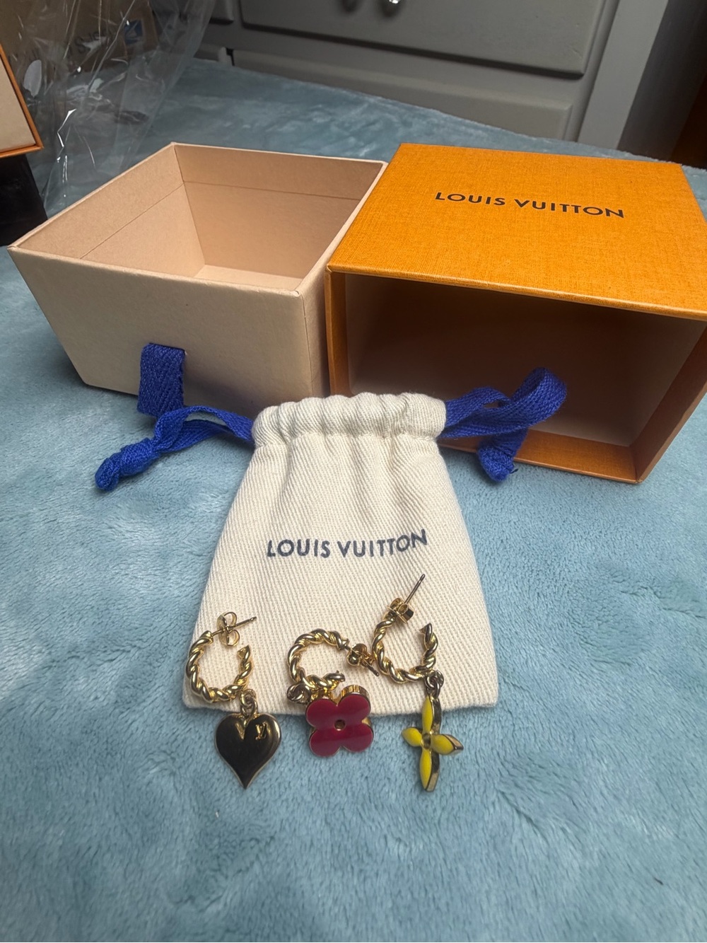 Louis Vuitton Gold Chain Hoop Earrings with Pink Flower & Yellow Fleur Charm